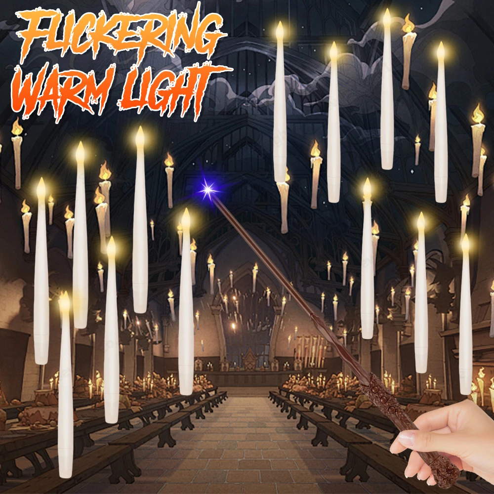 Floating Candles with Wand Magic Hanging Candles Flickering Warm Light Flameless Floating LED Candle Party Halloween Decoration