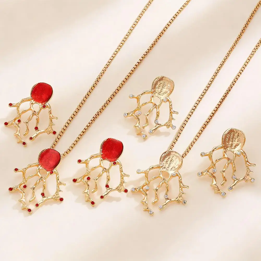 Faux Red Coral Drop Earrings And Necklace Textured Alloy Jewelry with Red Enamel Zircon Accents Ocean-Inspired Gift for Women