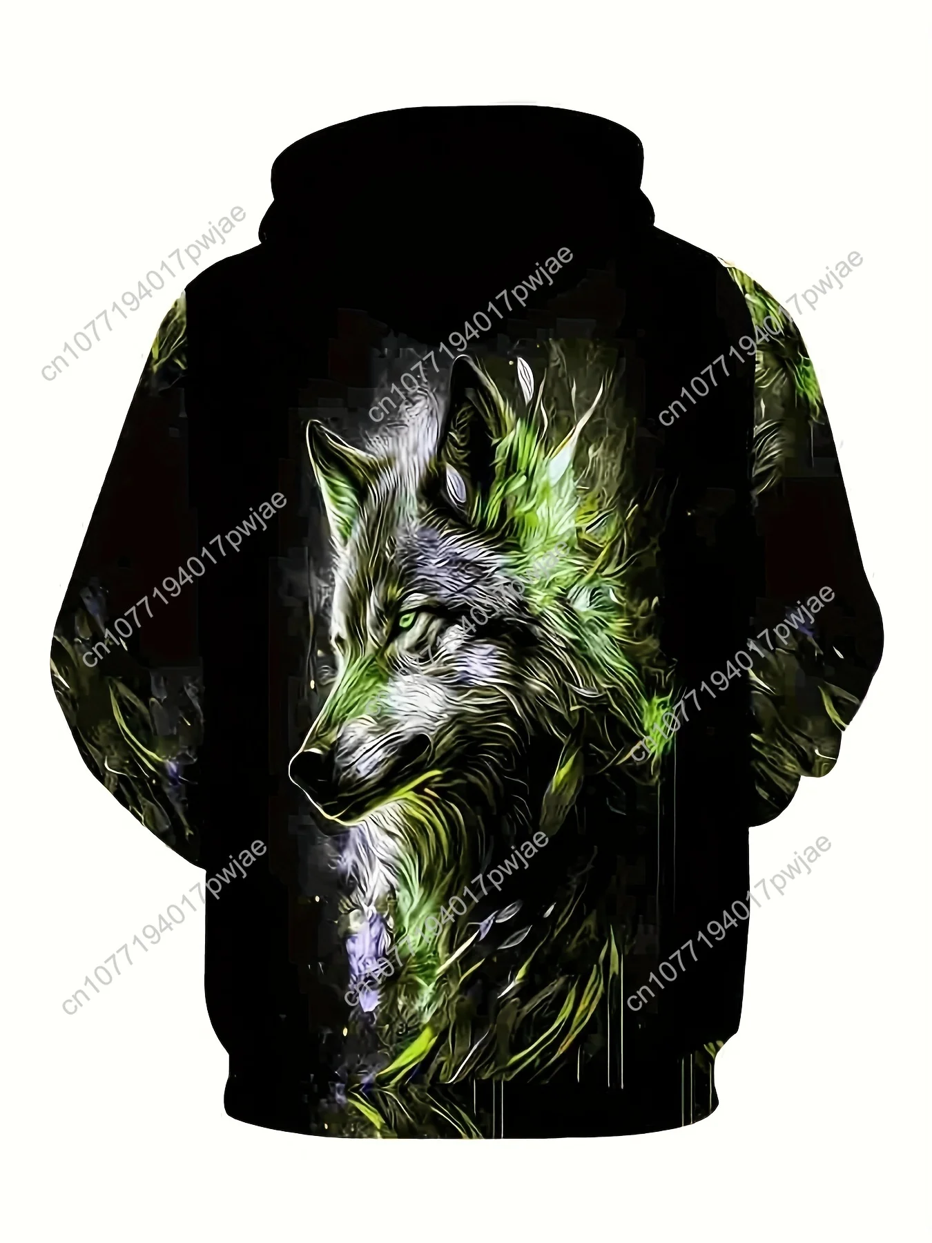 Herren-Kapuzenpullover in Übergröße mit lebendigem Wolf-Gesicht und Digitaldruck – sportliches Polyester-Sweatshirt, maschinenwaschbar, verstellbares Kordelzug