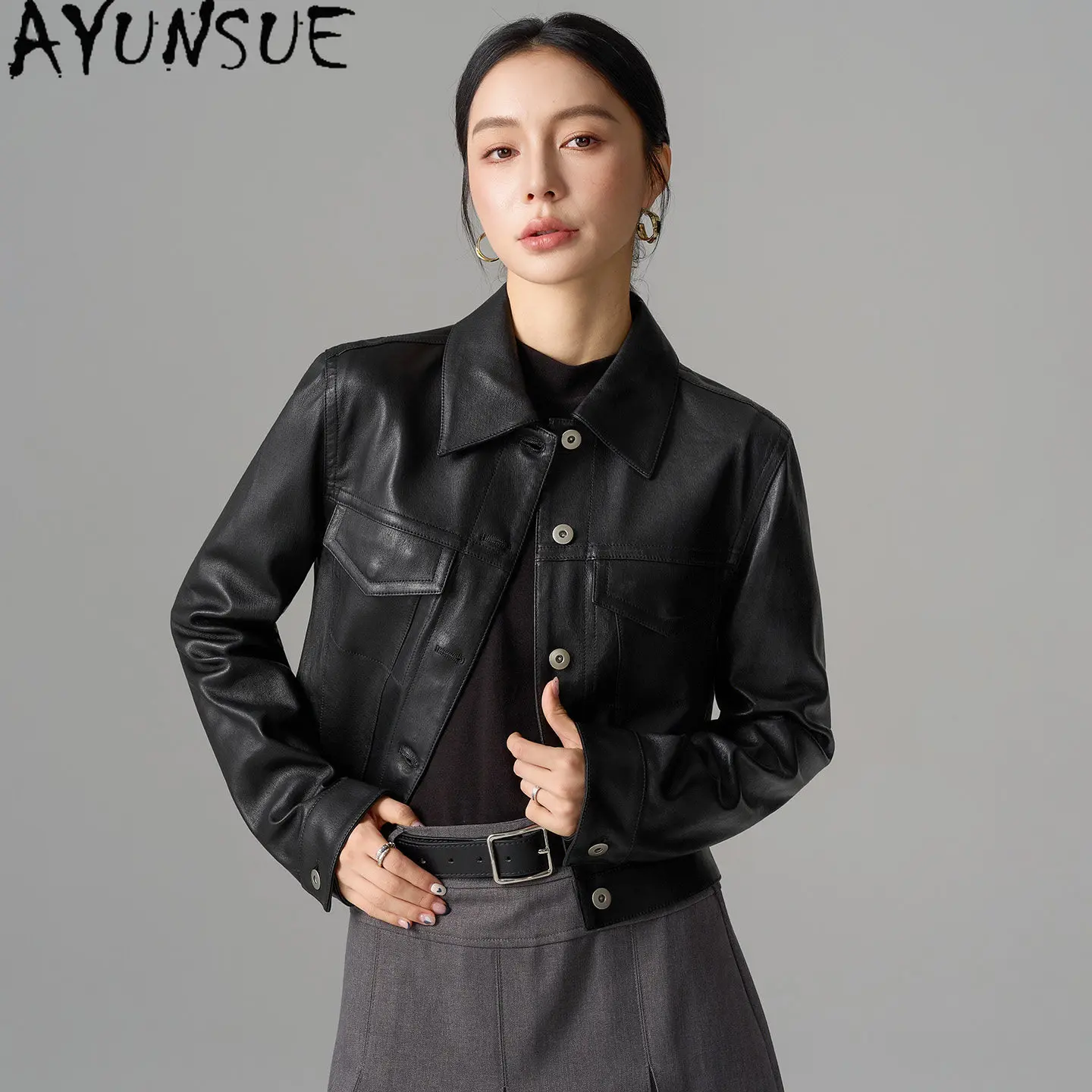 AYUNSUE Real Leather Jacket Women Black Motorcycle Coat Natural Sheepskin Womens Coats Autumn Clothes Short 2026 Casaco Feminino