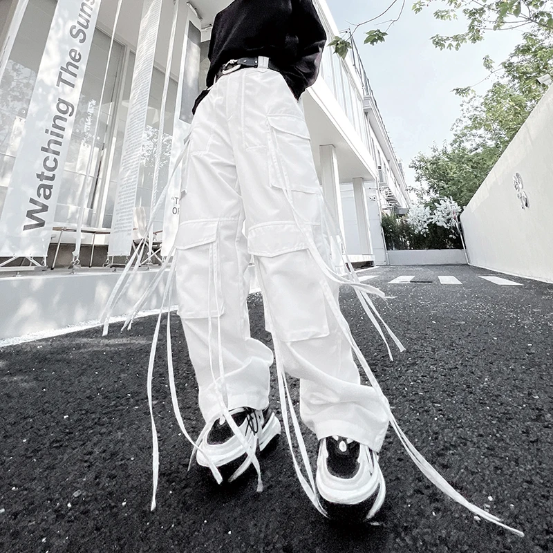 2024 Men's Spring High Street Casual Trousers Men's Ribbon Design Handsome Solid Color Straight-Leg Trousers Trendy Male Pants