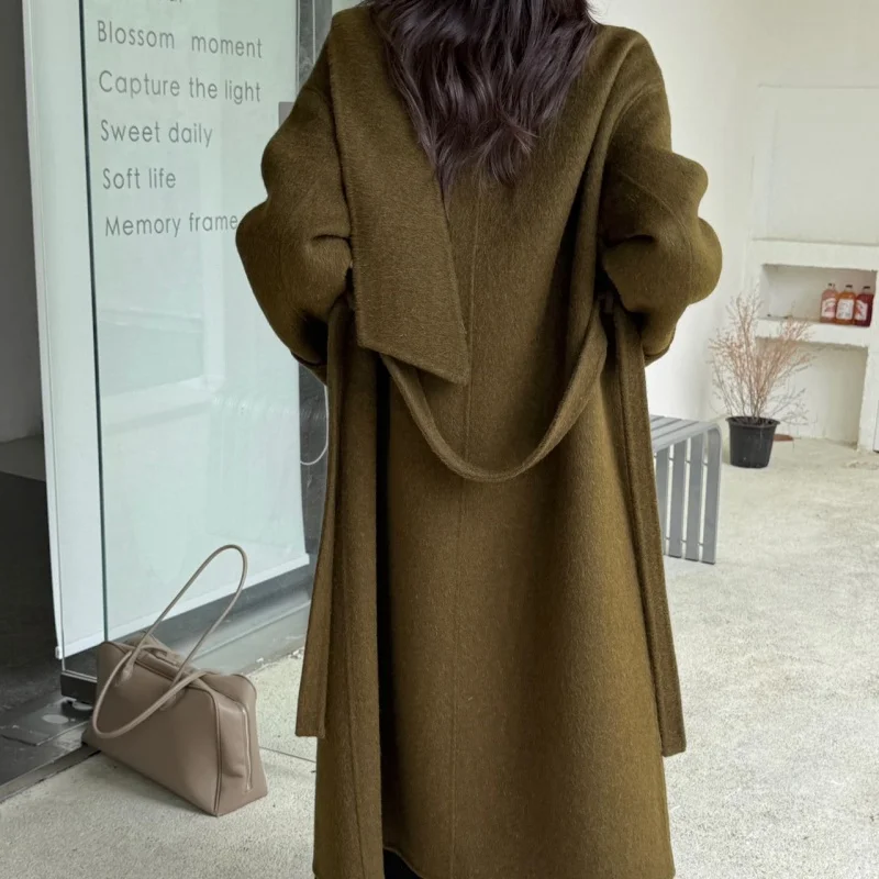 Women 100% Wool Long Coat With Scarf Collar Belt Waist Tie Loose Winter Outerwear