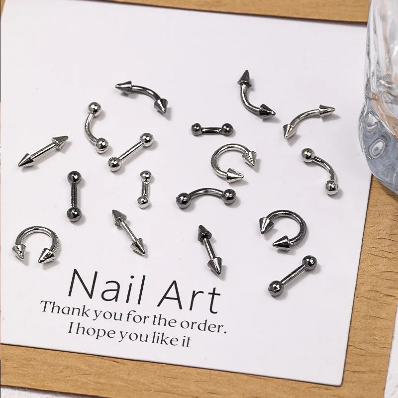 30 pçs estilo punk acessórios do prego piercing liga studs metal curva seta rebite peças encantos para unhas arte decoração suprimentos