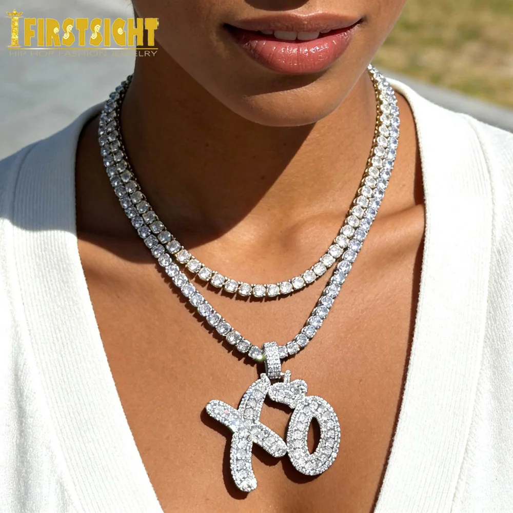 New Iced Out Bling Letter XO Pendant Necklace Gold Silver Color