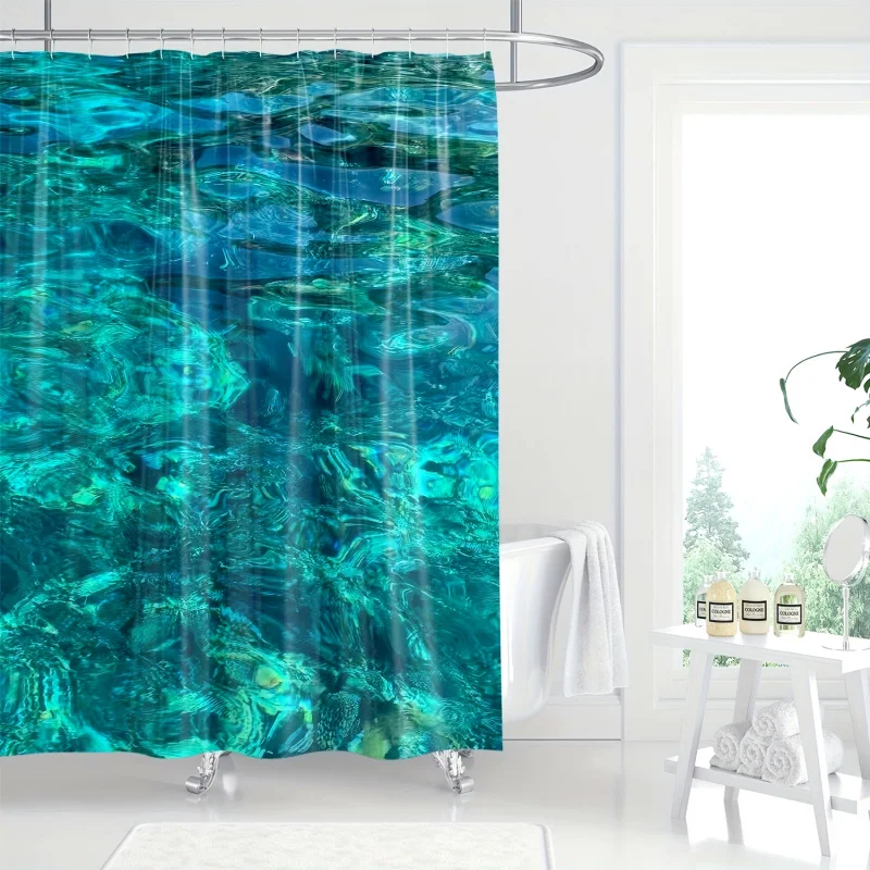 Ocean Bliss: 1pc Waterproof Shower Curtain with Ocean Waves & Coral Reef Design - Durable Polyester, Machine Washable, Includes