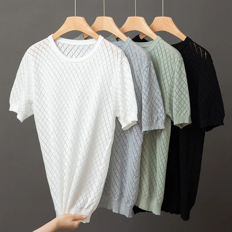 Men Knitwear 100% Cotton Sweater Pullover O-Neck T-shirt Short sleeve Hollow Out Breathable Comfortable High-Quality Lattice