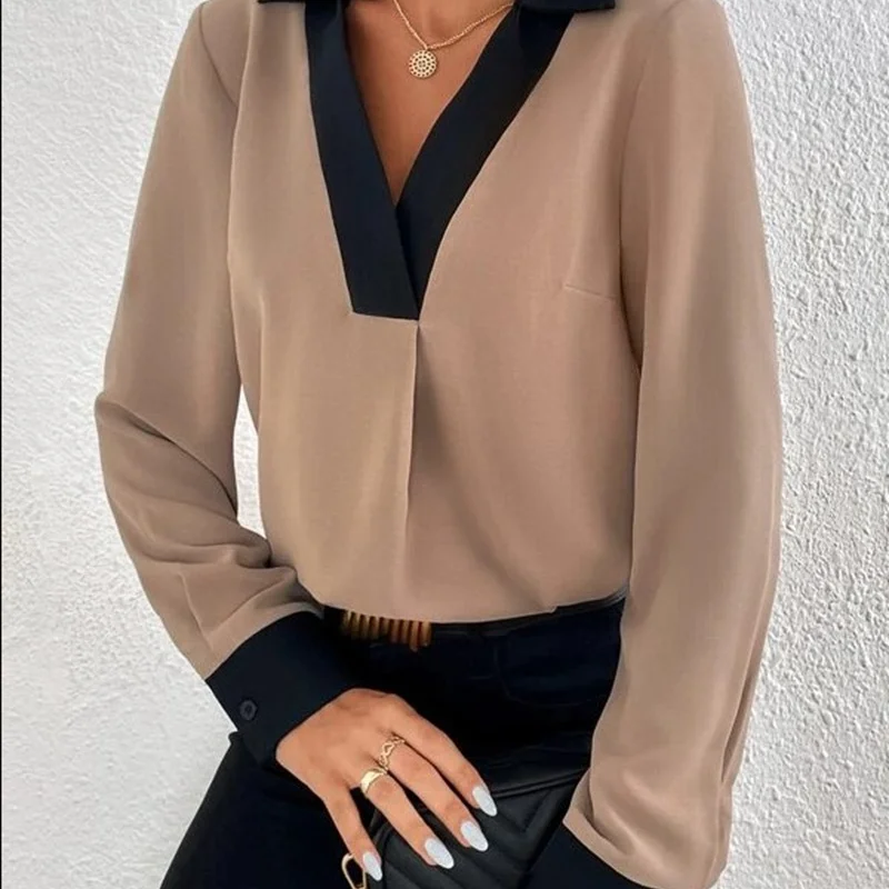 2023 New Women\'s Clothing Summer V-Neck Long Sleeve Loose Thin Commuter Fashion Casual Commute Contrast Color Modern Shirt