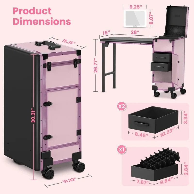 Rolling Portable Manicure Table with 2 Drawers,Mirror & Nail Polish Organizer, Lockable Makeup Train Case Foldable Desk,Cosmetic