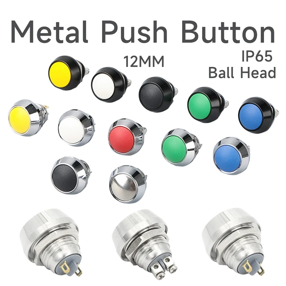 12mm Metal self resetting button 1NO color large ball head spherical point power supply screw foot silver contact button switch