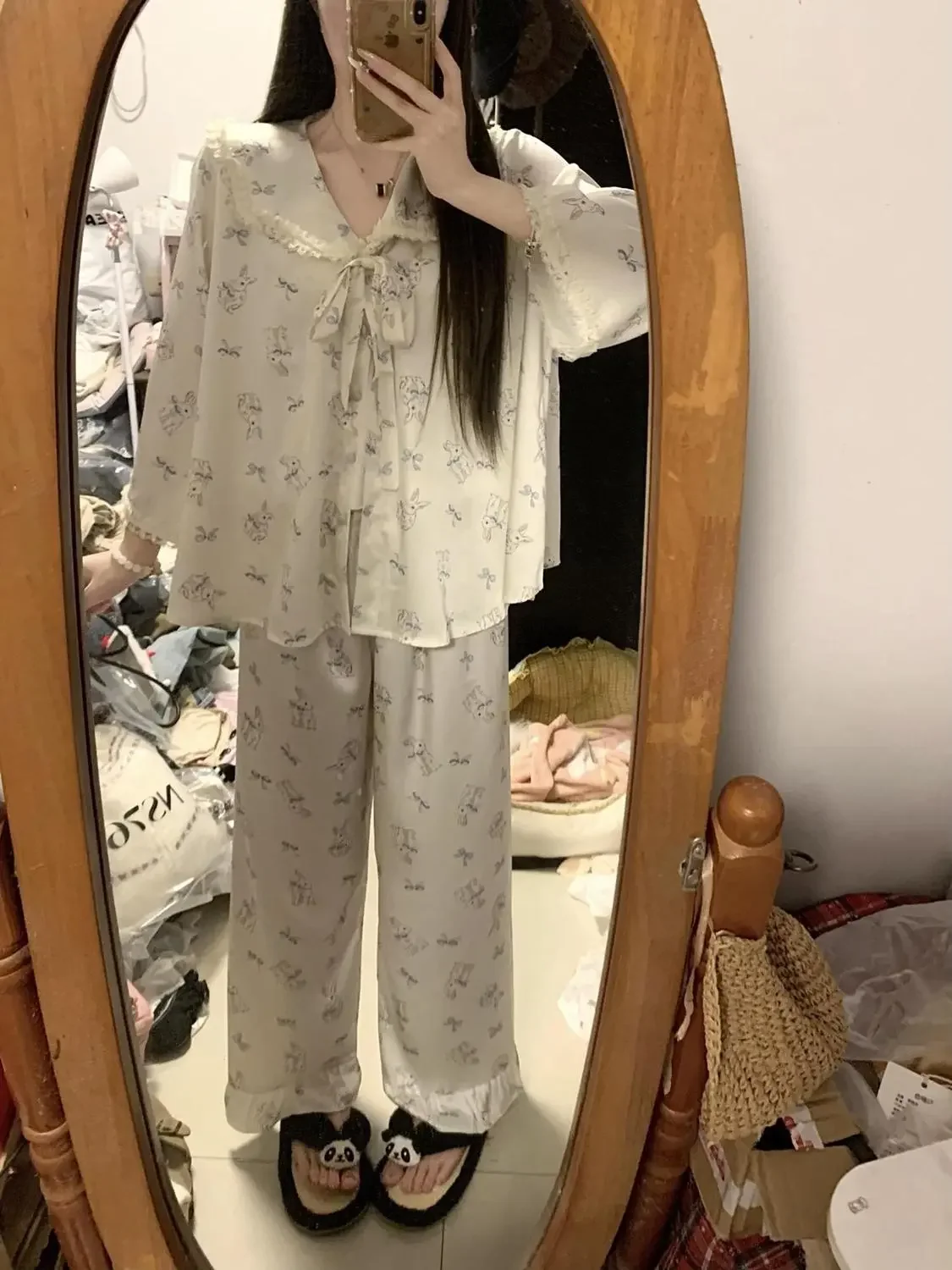 Sweet Butterfly Rabbit Print Pajamas for Women Princess Style Spring Autumn Long Sleeve Pants Loungewear Set Wearable Outside