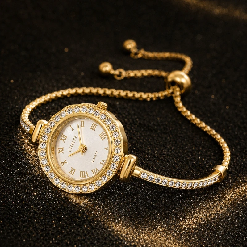 CHISTE Ladies Quartz Wrist Watch Shiny Diamond Round Dial Gold Bracelet Watch Delicate Bangle Clock Women Fashion Jewelry Gift