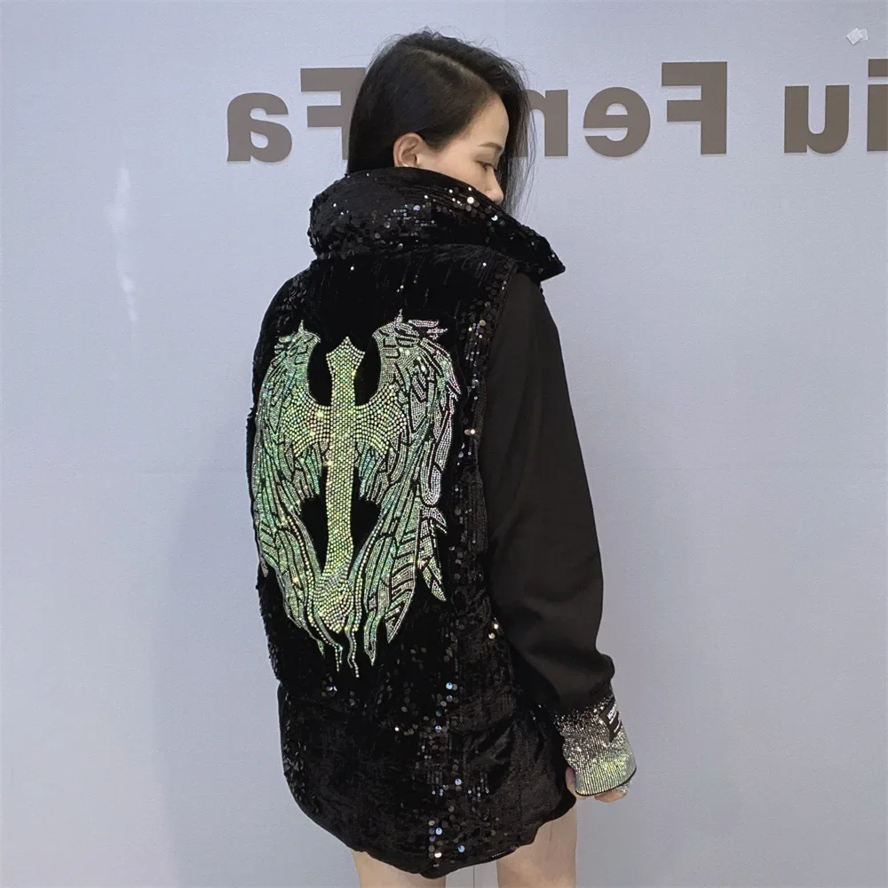 Velvet Sequins Female Waistcoat 2024 New Autumn Winter All-match Zip Cardigans Sleeveless Wadded Jacket Diamonds Wings Vest Coat