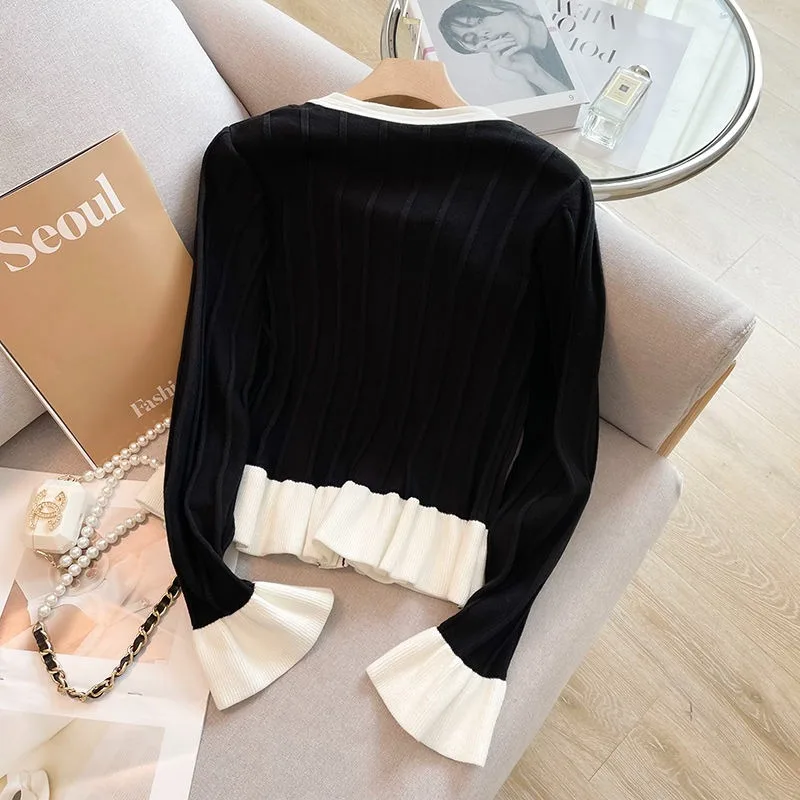 Women Sweater O Neck Korean Fashion Style Flare Sleeve Ruffle Knit Cardigan Tunic Neck Autumn Winter Sweet Knit Jacket