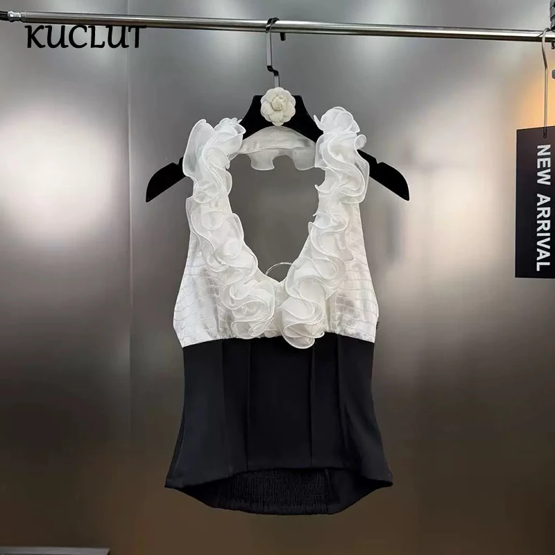

KUCLUT 2025, новые модные универсальные трехмерные топы на бретелях с рюшами и цветами для женщин, модные женские топы с v-образным вырезом и открытой спиной 1A381
