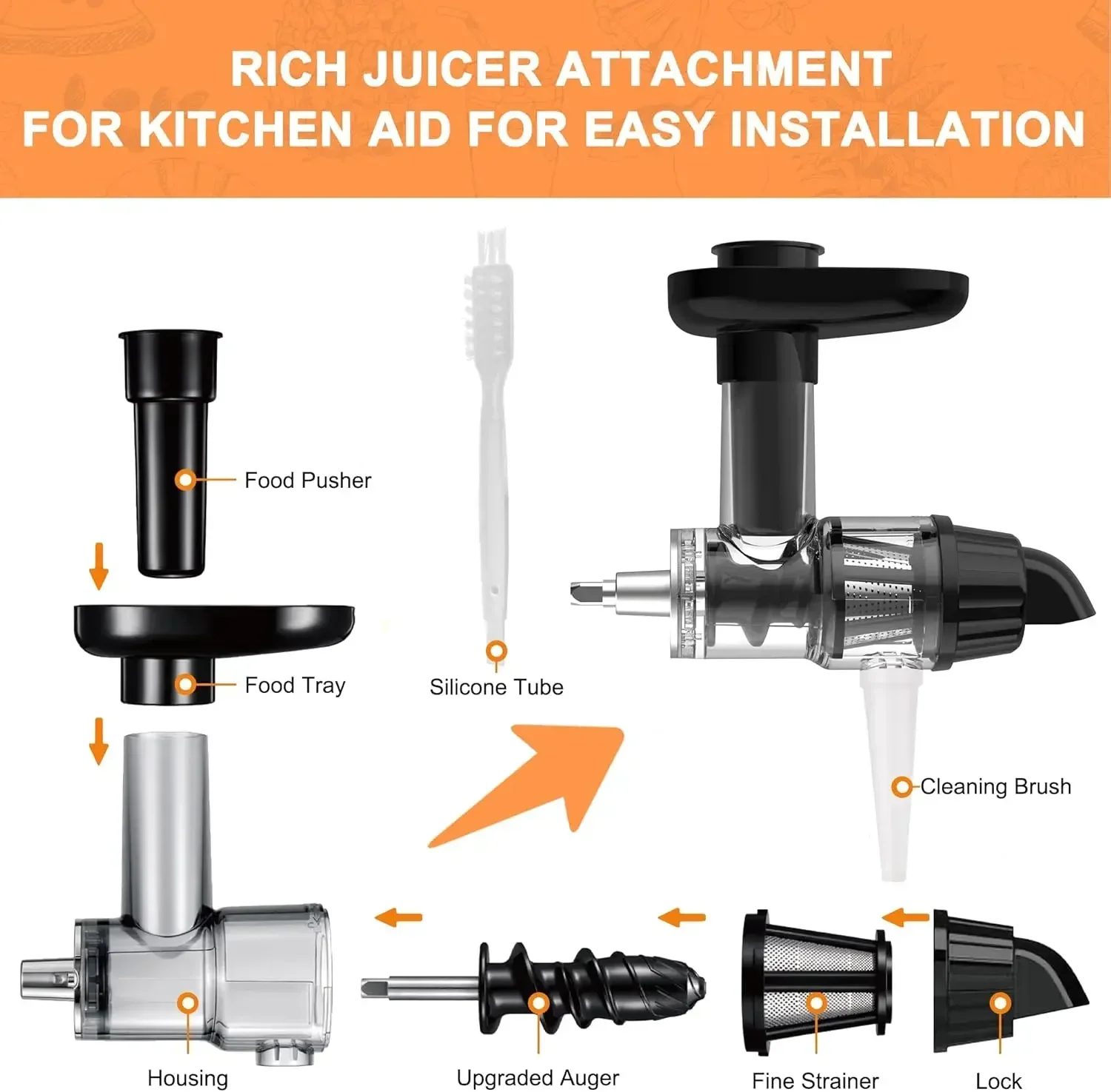 Masticating Juicer Attachment for KitchenAid Stand Mixer, Slow Juicer Attachment with Silicone Tube and Cleaning Brush