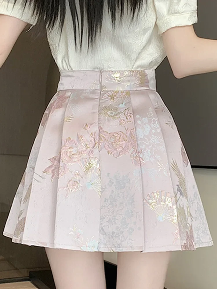 New Chinese Style Jacquard Embroidered Pleated Skirt for Women New  Spring/Summer 2024 High Waist Slim A-Line Short Skirt