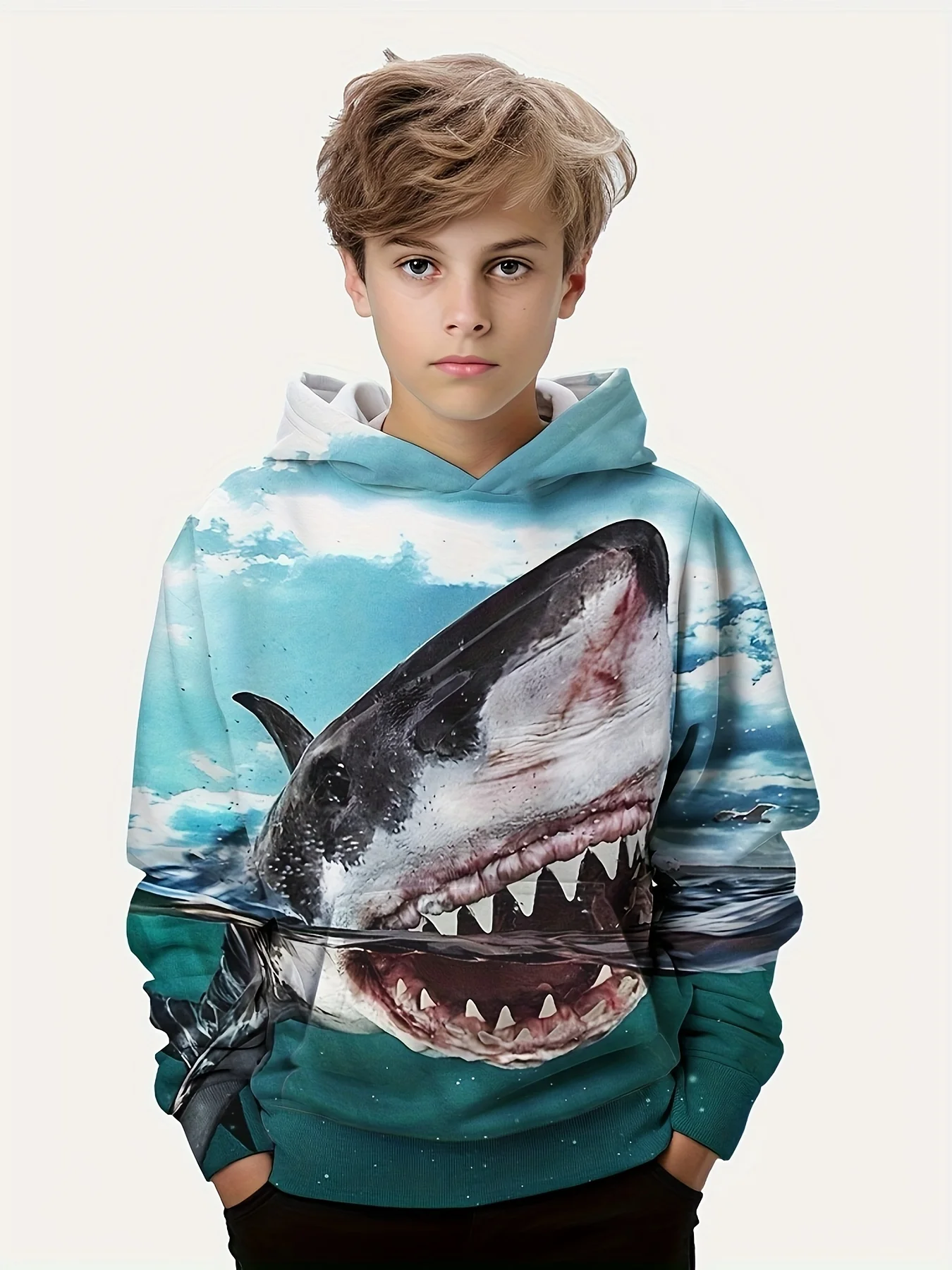 

Realistic Shark 3d Print Boys Casual Pullover Long Sleeve Hoodies, Boys Sweatshirt For Spring Fall, Kids Hoodie Tops Outdoor