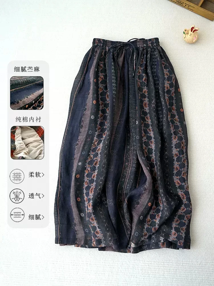 68-88cm Waist Summer Women Casual Loose Plus Size Mori Girls National Trend Print Comfortable Thin Ramie Skirts