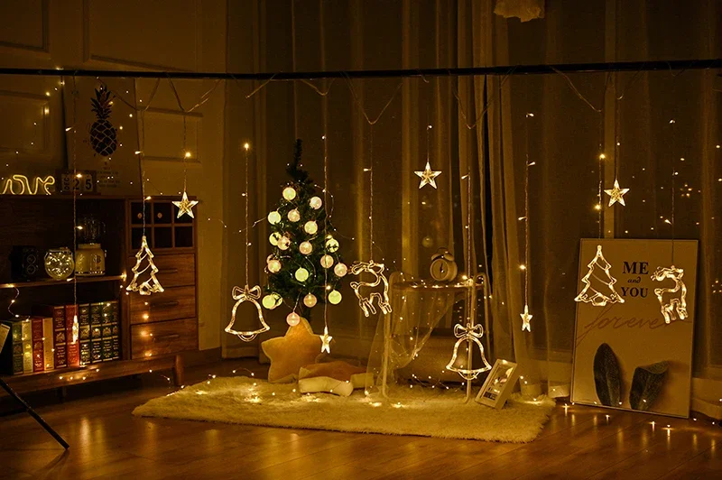 Christmas Fairy Curtain String Lights 3.4M LED Star Deer 220V 110V Garland Festoon for Xmas Tree New Year Navidad Party Decor