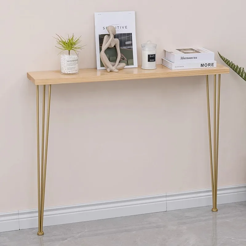 Nordic Style Solid Wood Console Table Narrow Entryway Sofa Back Iron Legs Minimalist Wall-Mounted