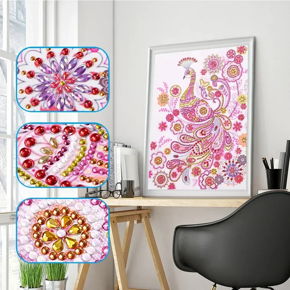 5D Pink Peacock Diamond Embroidery Animals Special Shaped Diamond Painting DIY Partial Drilled Rhinestone Home Decor Art Picture