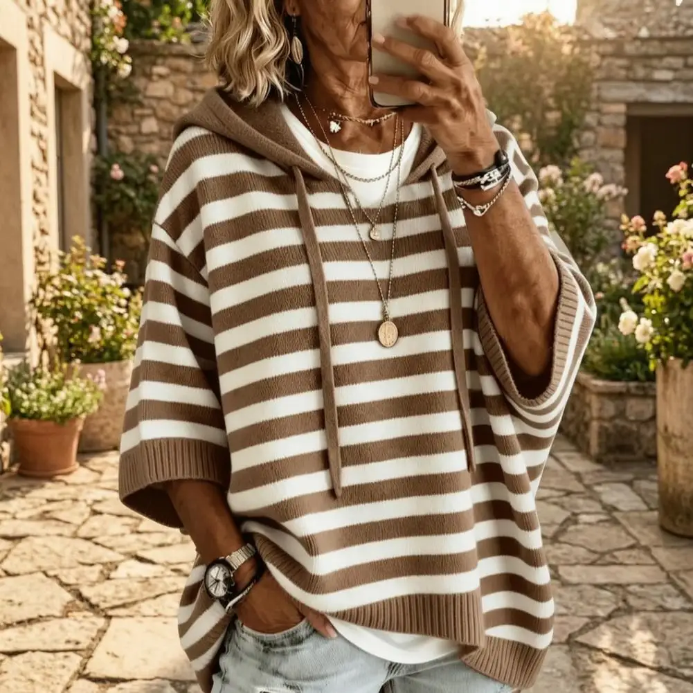 Women Hooded Sweater Women’s Hooded Striped Knit Sweater Loose Half Sleeve Pullover Autumn Winter Drawstring for Comfort