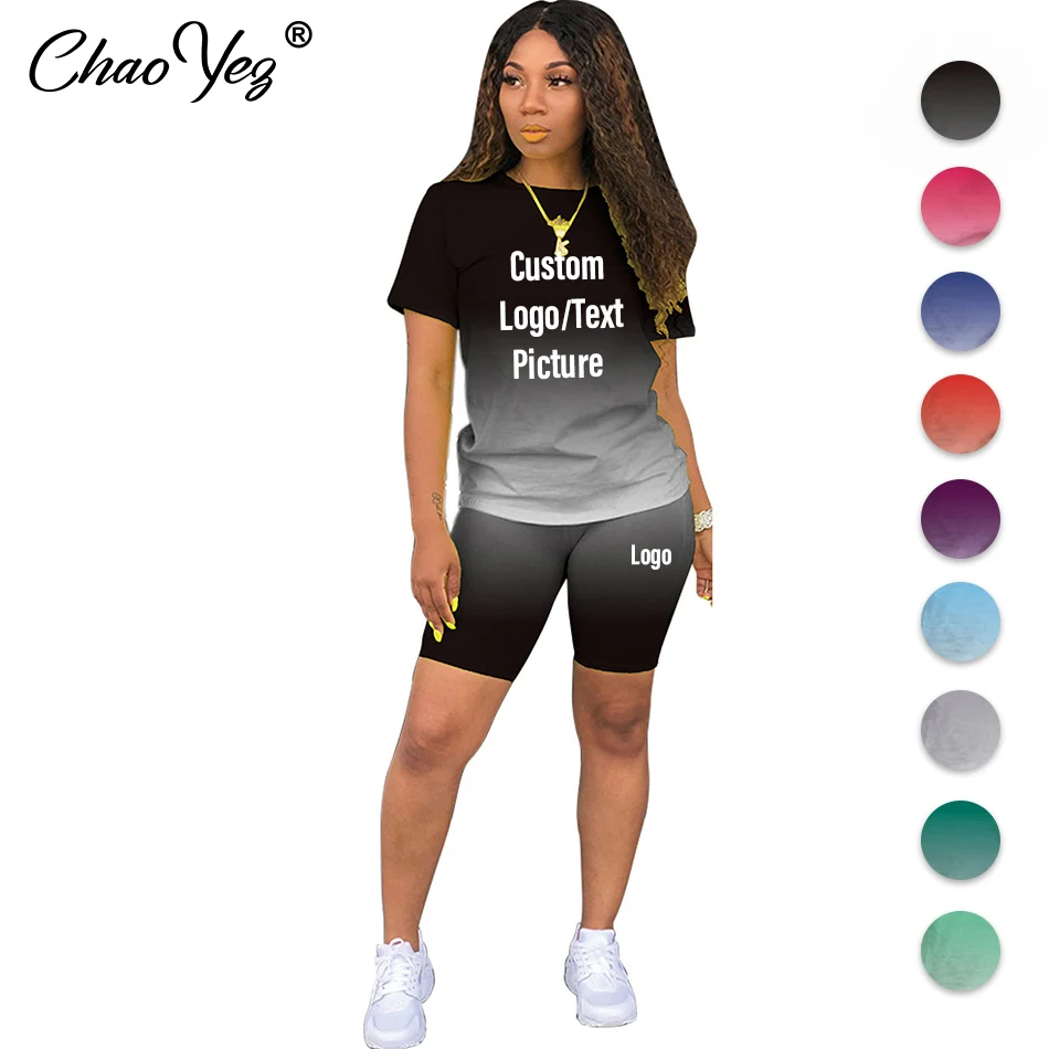 Conjunto de 2 piezas para mujer, camiseta de manga corta con cuello redondo y pantalones cortos de tubo, chándales, camisetas con logotipo personalizado, trajes para correr