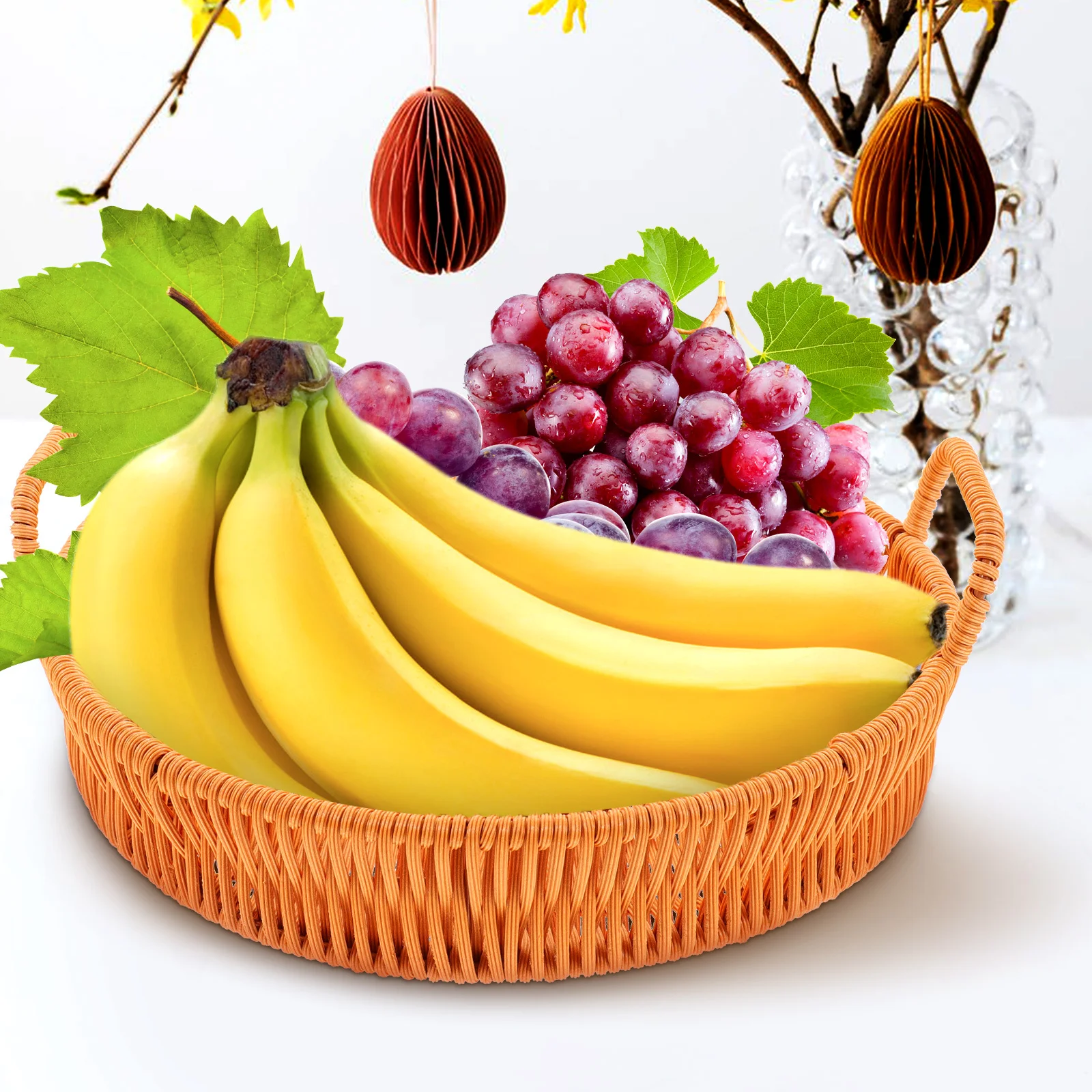 

Woven Bread Basket Round Imitation Rattan Natural Style Storage Basket Tabletop Fruit Vegetable Tray Bread Baskets