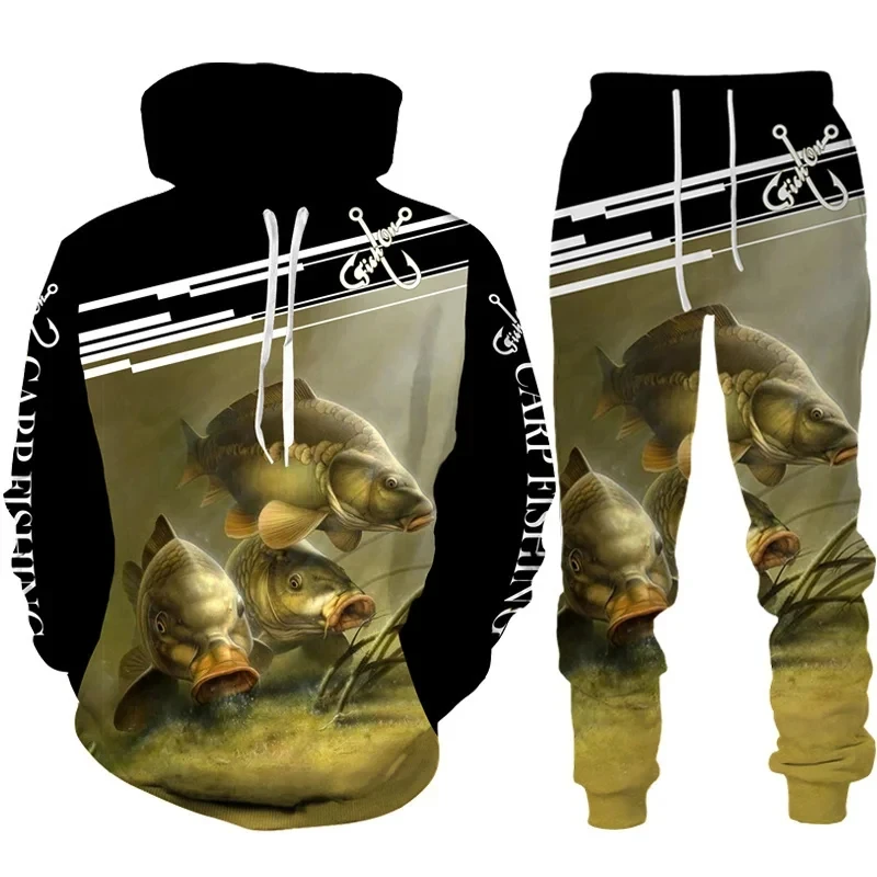 Setelan pakaian memancing ikan karper, setelan Hoodie dan pakaian jalanan Harajuku motif 3D kasual luar ruangan memancing berburu berkemah