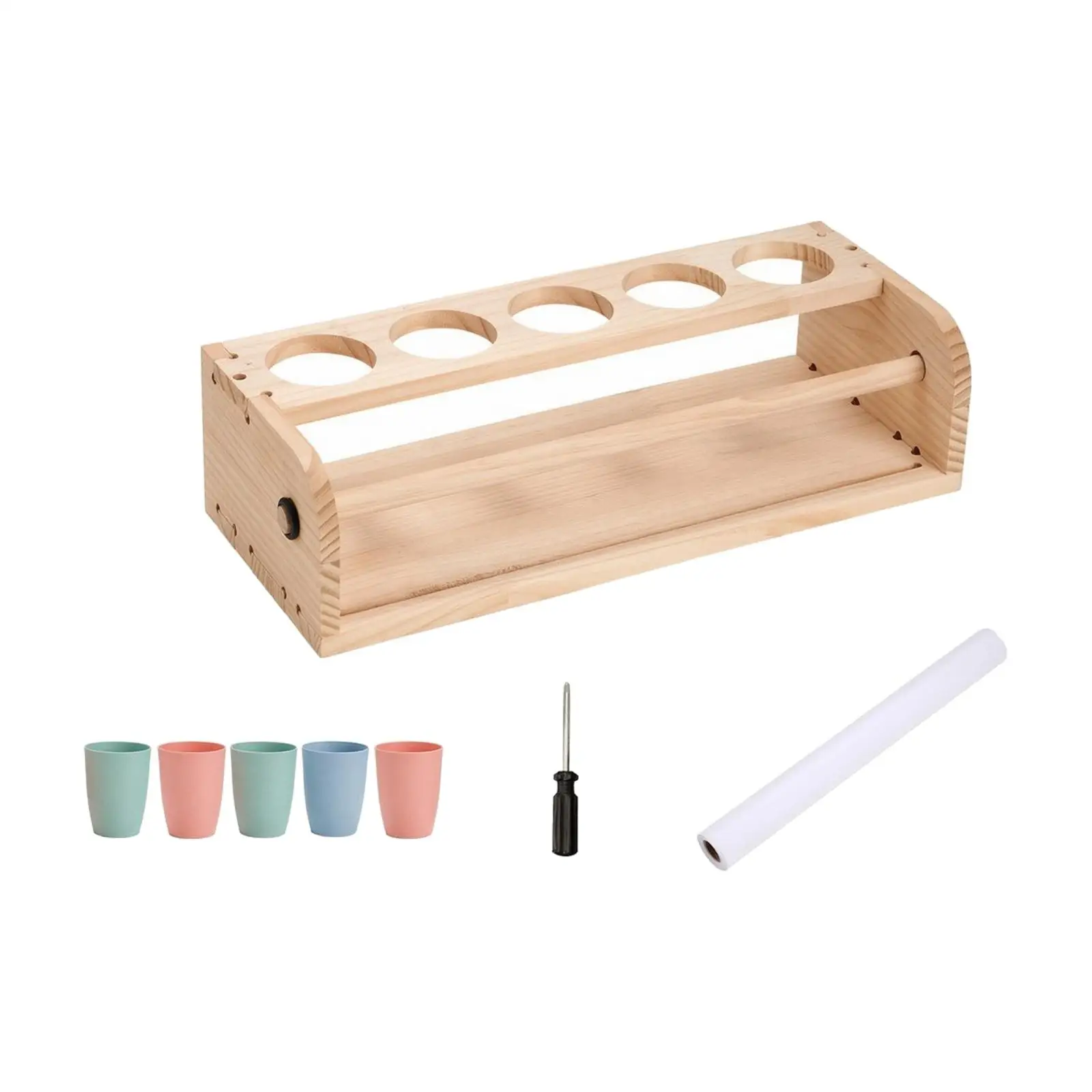 Kids Tabletop Drawing Easel Pine Wood Art Station with Paper Roll Tray and Paint Cups for Creative Painting Activities