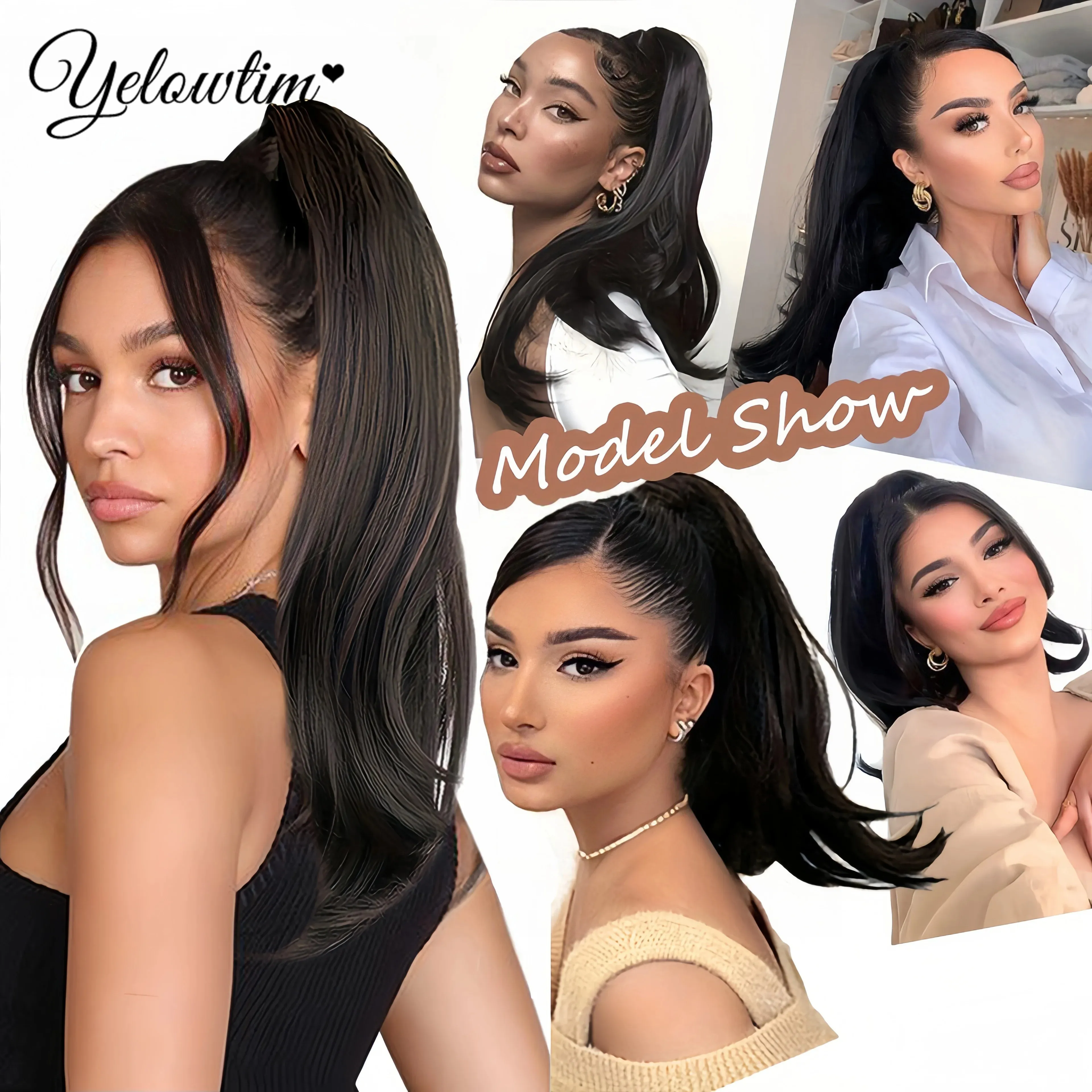 YELOWTIM-extensiones de cabello sintético para mujer, coleta larga y recta con Clip, resistente al calor, 20 pulgadas