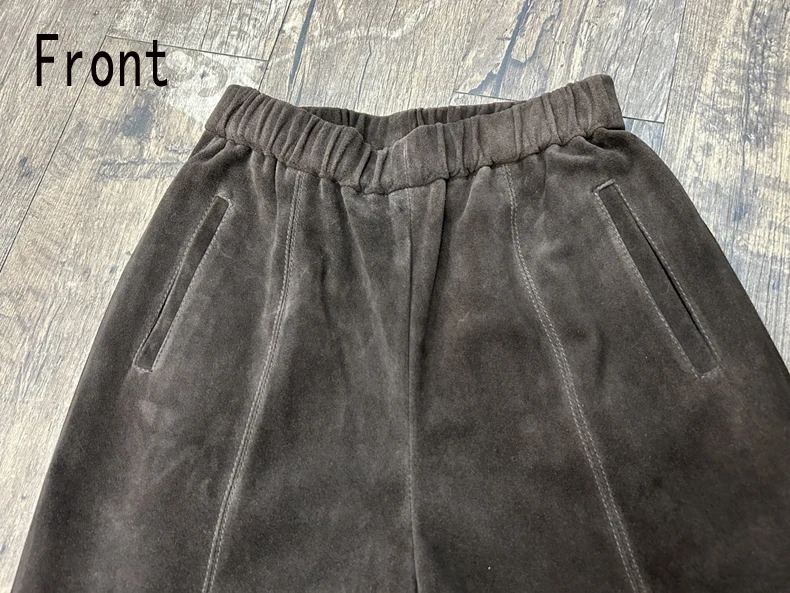 Retro 2025 Leather Ankle-Length Pants Women Elastic Waist Suede Sheepskin Wide Leg Length Straight Cylinder Trousers Black brown