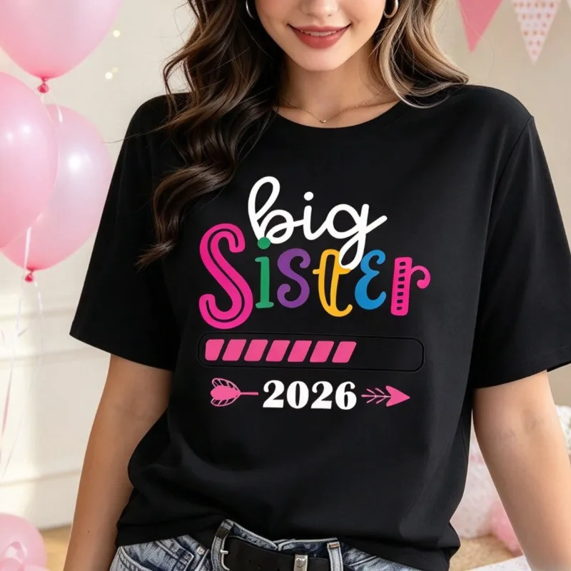 Women Big Sister 2026 Graphic T-Shirt Color Letter Arrow Print Top Modal Casual Family Announcement Gift Daily Streetwear Shirt