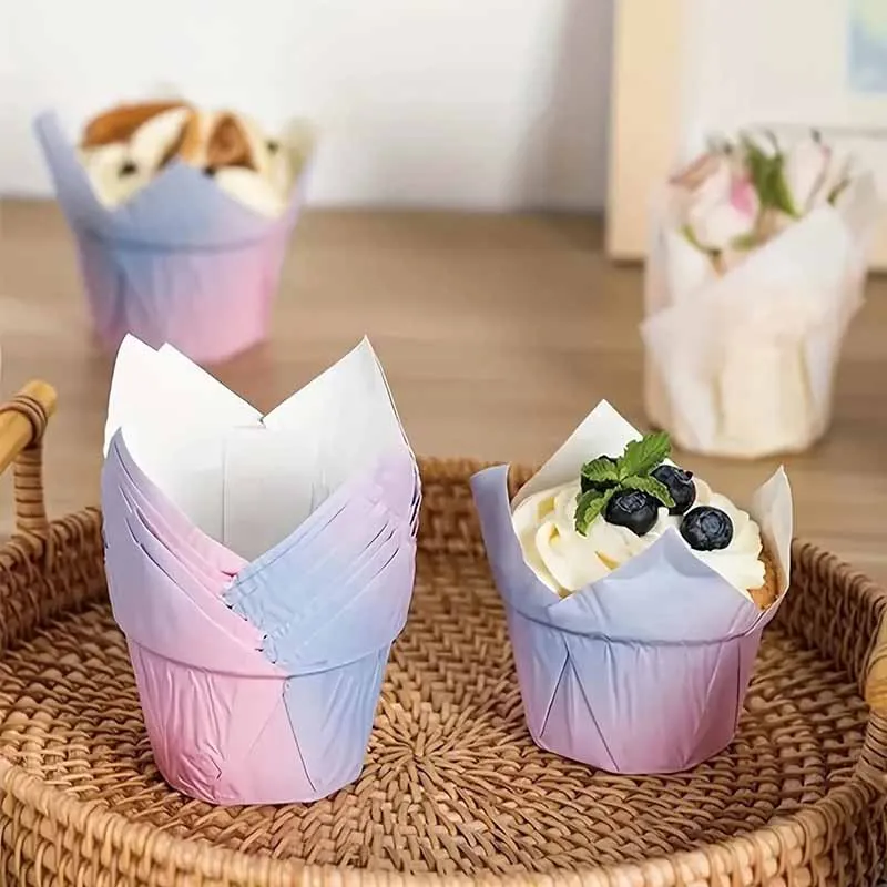 50Pcs Gradient Tulip Flame Cupcake Liners, Oil-Proof Baking Cups, Suitable for Mother's Day, Weddings, Birthday Parties, and Baking Supplies