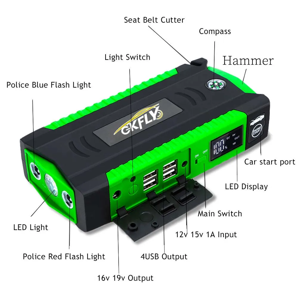 GKFLY 18000mah Car Jump Starter Auto Portable Battery Starter 1200A Power Bank Car Tire Compressor Electric Devices