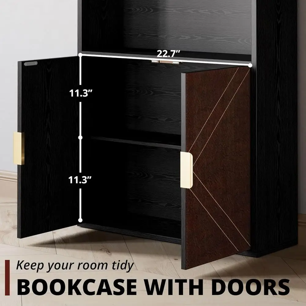 رف كتب وخزانة كتب بأبواب جلدية، رف كتب بطول 70 بوصة، علبة عرض مكونة من 6 طبقات على الأرض للمكتب المنزلي وغرفة المعيشة، #3