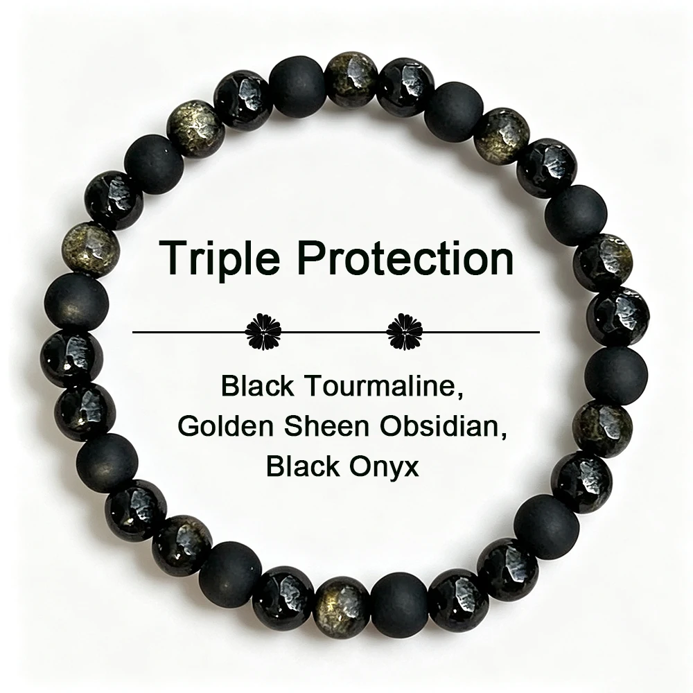 New Triple Protection Bracelet Black Natural Stone Bracelet Golden Obsidian Bracelet Adjustable Beaded Bracelet Jewelry Gift