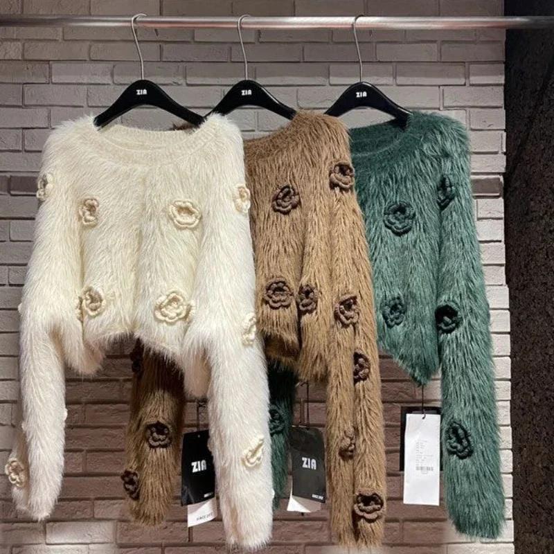 

Elegant Flowers Mink Cashmere Knitted Shirts O-Neck 3D Floral Mohair Sweater Jumpers Fleece Pullovers Knitwear Spring Autumn