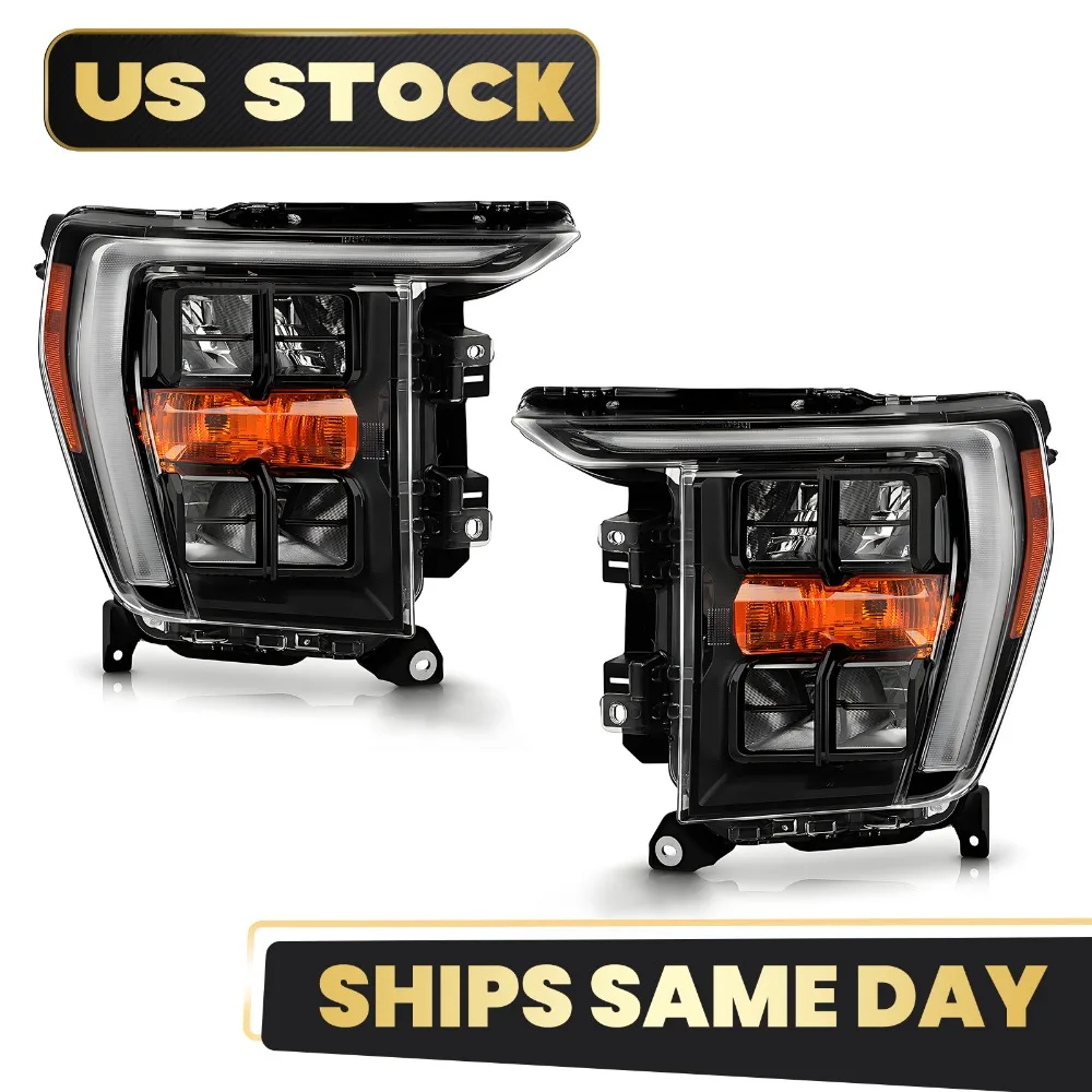 

For 2021-2023 Ford F-150 LED Headlight w/ Black Bezel w/o AFS Left+Right Pair