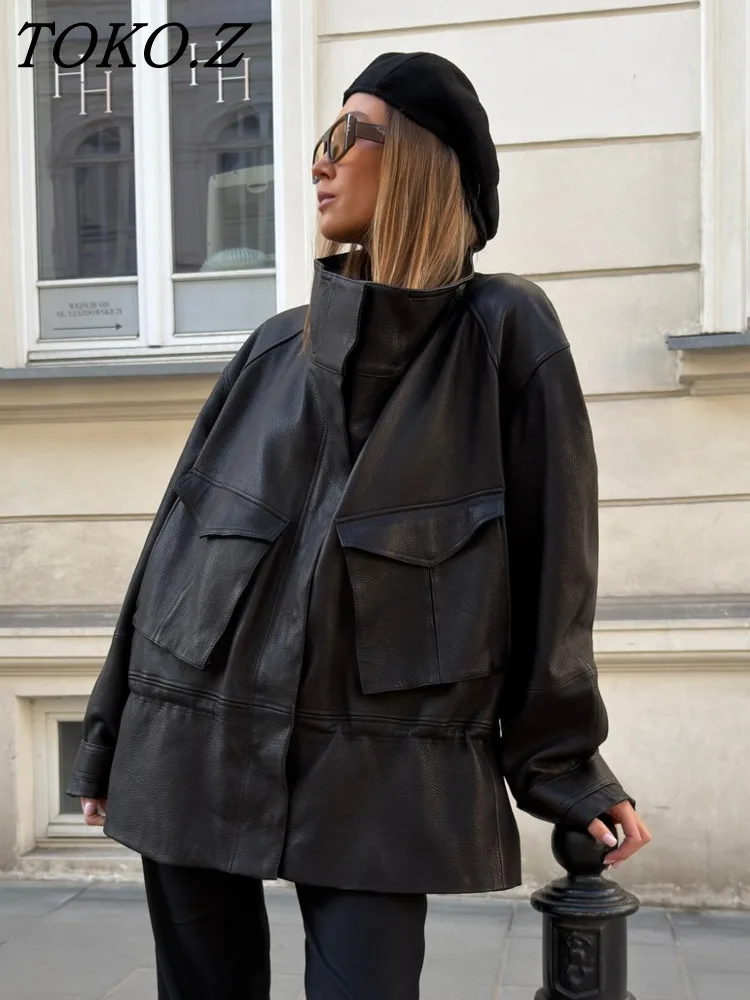 

TOKO Women Spring Summer High-end Leather Texture Jacket Vintage Loose Fit Cargo Pocket Coat Elegant Office Daily 2026 Trend