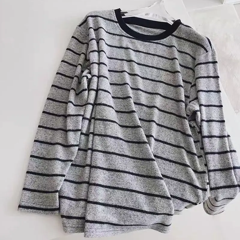 Women's Thickened Long Sleeve T-Shirt Student Loose Fit Autumn Winter Casual Striped Base Shirt Soft Hand Feel Color Block