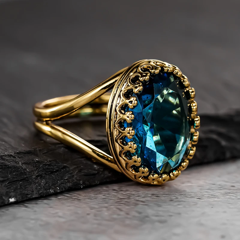 Huitan خمر خواتم الذهب اللون الفاخرة مع كبير الأزرق البيضاوي مكعب زركونيا للنساء حفل زفاف خطوبة اكسسوارات النبيلة