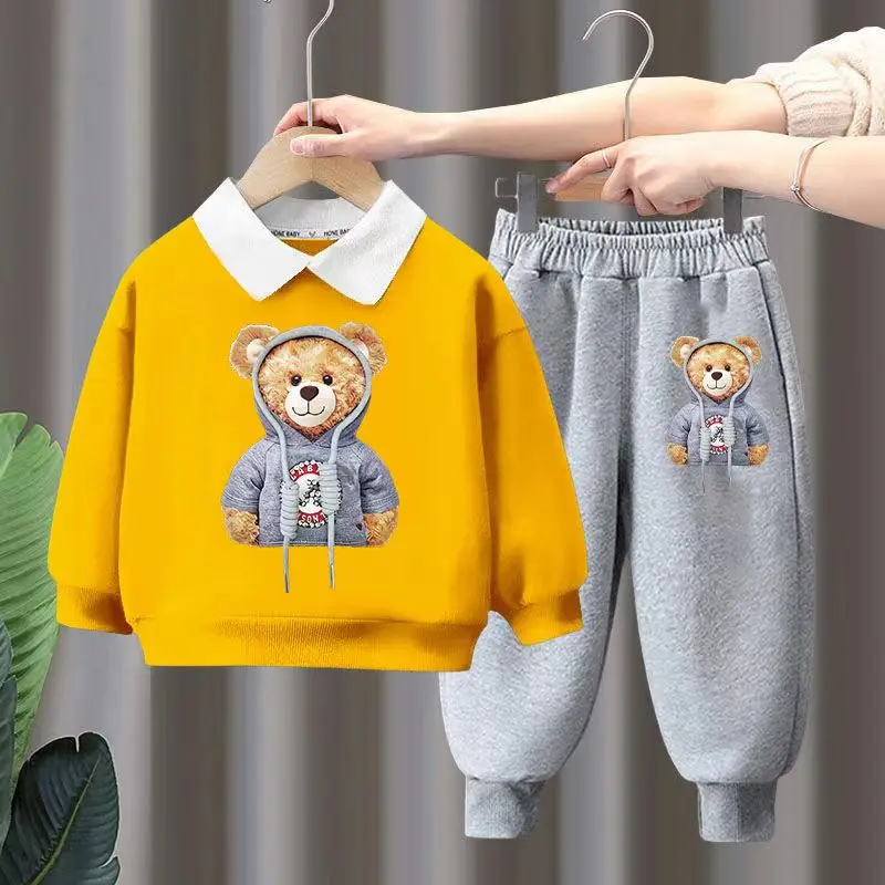 Autumn Baby Girls Clothes Set Children Boy Cartoon Bear Printed Lapel Sweatshirts Top And Pants Bottom 2 Pieces Suit Tracksuits