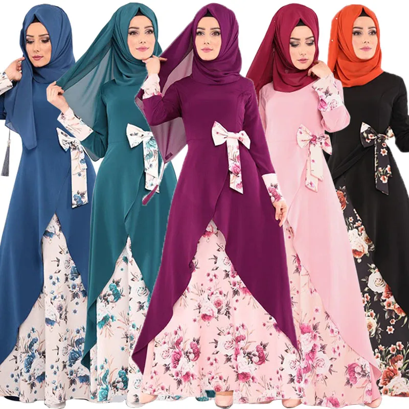 

Eid Ramadan Women Muslim Maxi Dress Floral Abaya Dubai Print Bow Abayas Turkey Saudi Arabic Dresses Kaftan Robe Jalabiya Vestido