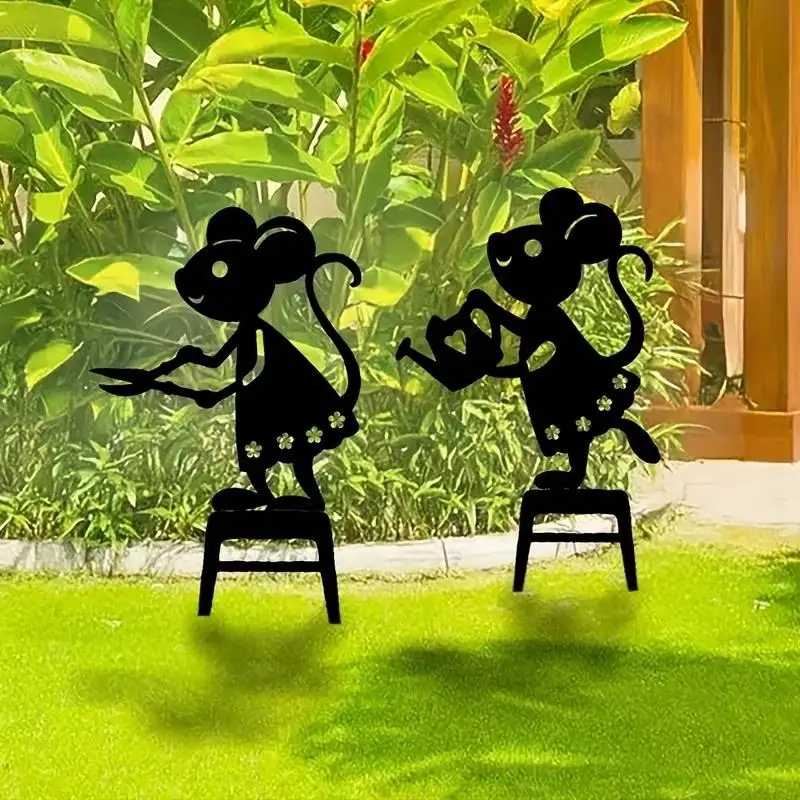 【MA】2D Flat Metal Mouse Decoration Garden Stakes Cute Mouse Garden Pot Decorations Gardening Worker Mouse Ground Inserts