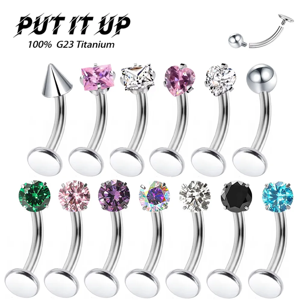 PUTITUP F136 Titanium Alloy Curved Zircon Stud Flat Bottom Eyebrow Stud Lip Stud Fashion Cartilage Ear Piercing Body Jewelry
