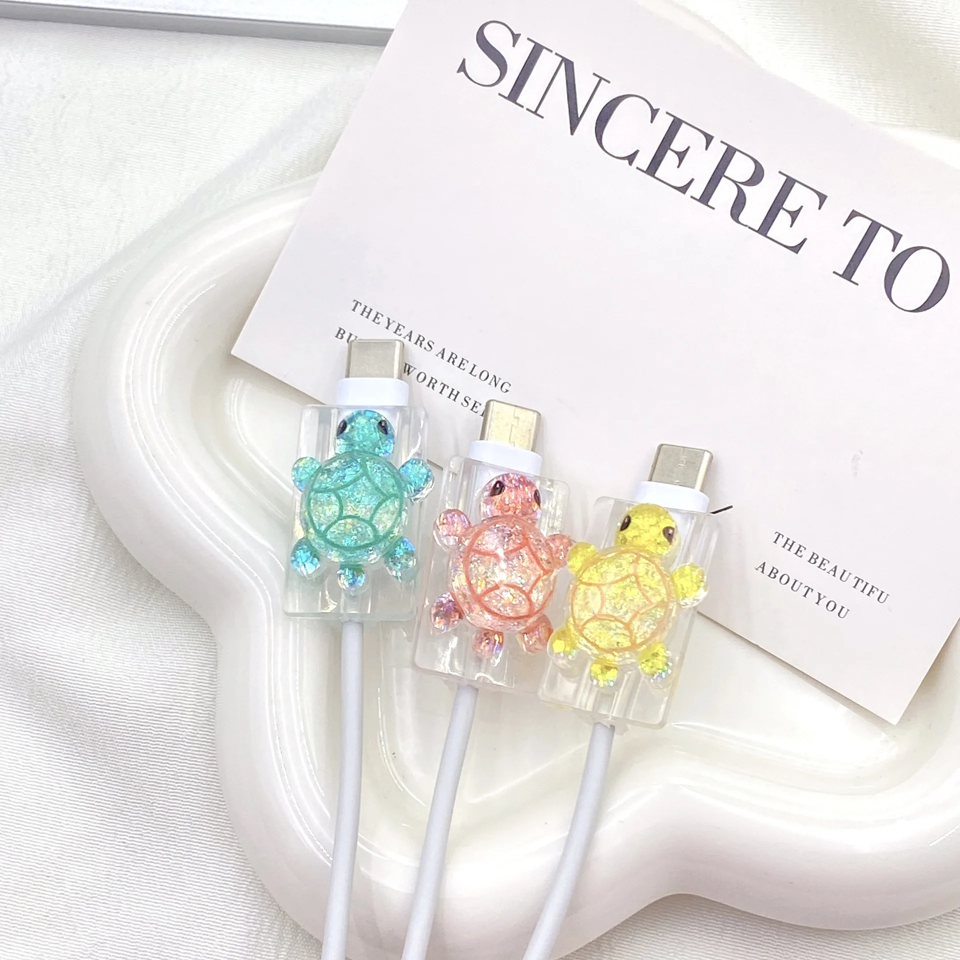 2PC Bling Turtle Cable Protector Cute Cartoon USB Charger Cord Saver Bite for IPhone Charging Cable Flashing Cable Protection