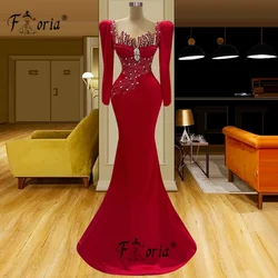 Vestido de fiesta de manga larga rojo elegante Formal, apliques de flores con cuentas, vestido de ceremonia de boda de sirena, batas de talla grande hechas a medida