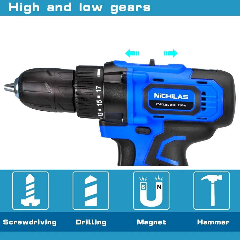 Cordless Drill, 21V Power Screwdriver 2 Variable Speed 3/8” Keyless Chuck, 2 X 1500mAh Batteries and Charger for Assembling