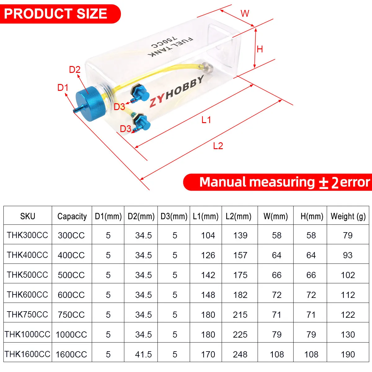 1PC 300/400/500/600/750/1000/1600CC Transparent Plastic Fuel Tank Oil Box For RC Gasoline Airplane Models